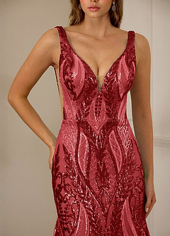 Jade Rot Paillettenbesetztes Satin-Abendkleid im Meerjungfrauen-Stil mit Seitenschlitz und tiefem V-Ausschnitt image4