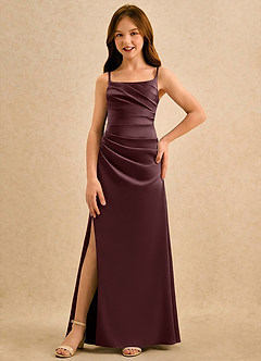Azazie Cannoli Girls Formal Robe Demoiselle D'honneur Fillette Robe Trapèze en Mat Satiné Plissée Sangria image3