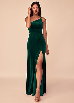 Azazie Kala Bridesmaid Dresses Emerald A-Line One Shoulder Velvet Dress image1