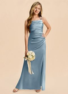 Azazie Nova Junior Dusty Blue A-Line Pleated Stretch Satin Dress image5