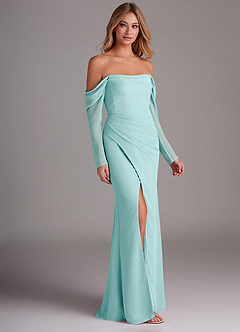 Azazie Hallie Bridesmaid Dresses Aqua Mermaid Long Sleeve Chiffon Dress image4
