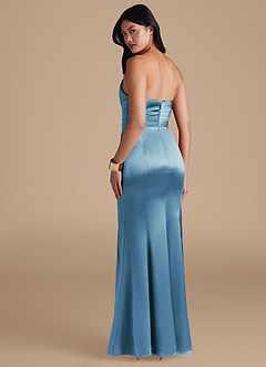 Azazie Yola Vestidos de damas de honor Vestido de Azul Acero de Satén Metálico de Corte Recto con Plisado image4