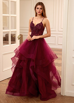 Zinnia Burgundy A-line Floral V-neck Tulle Tier Prom Dress image3