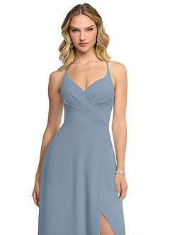 Azazie Davis Bridesmaid Dresses Dusty Blue A-Line V-Neck Chiffon Dress image4