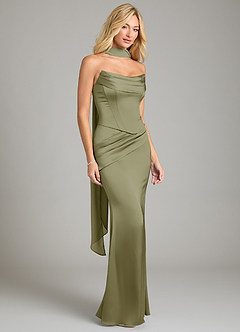 Azazie Sorrel Vestidos de damas de honor Vestido de Pistacho de Satén Elástico de Corte Sirena Convertible con Sin tirantes image8