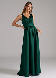 Azazie Kora Bridesmaid Dresses Emerald A-Line Pleated Stretch Satin Dress image3