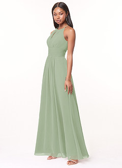 Azazie Bonnie Vestidos de damas de honor Vestido de Salvia Polvorienta de Gasa de Corte En A con Cuello de pico fruncido image3
