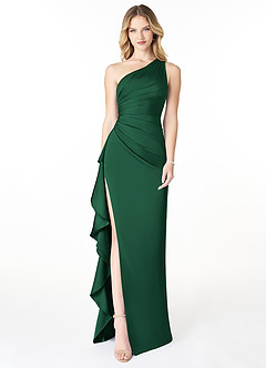 Azazie Latrice Vestidos de damas de honor Vestido de Verde Oscuro de Satén Elástico de Corte Recto con Volantes en cascada Un hombro image1
