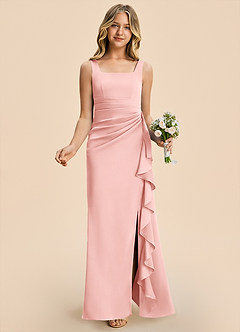 Azazie Adrienne Junior Powder Pink Sheath Pleated Stretch Satin Dress image4