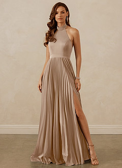 Christian Siriano Bridal for Azazie 1007 Bridesmaid Dresses Taupe A-Line Pleated Stretch Satin Dress image1