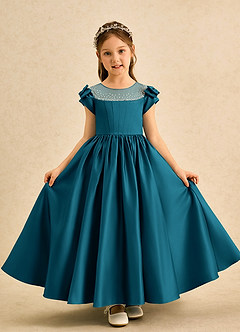 Azazie Toffee Abiti da Ragazza di Fiori Abito Stile Principessa in Raso Opaco Fiocco Blu Inchiostro image2