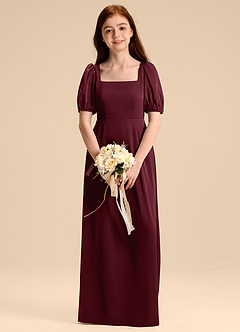 Azazie Briar Junior Vestido de Cabernet de Satén Elástico de Corte en A con Lazo image1