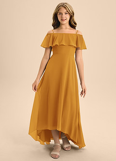 Azazie Maggie Junior A-Linie Schulterfrei Chiffon Kleid Butterscotch image5