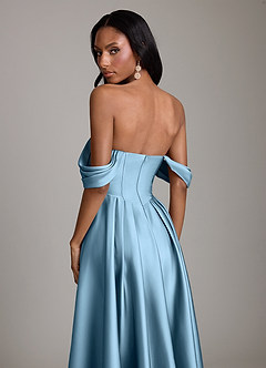 Azazie Loisa Abiti da Damigella Abito A-Line in Raso Elasticizzato a Spalla Scoperta Blu Acciaio image4
