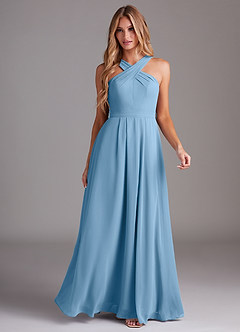 Azazie Dixie Bridesmaid Dresses Steel Blue A-Line Halter Pleated Chiffon Dress image3