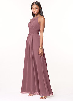 Azazie Bonnie Vestidos de damas de honor Vestido Amatista de Gasa de Línea A con Cuello de pico fruncido image3