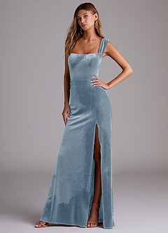 Azazie Junia Bridesmaid Dresses Dusty Blue Sheath Off the Shoulder Velvet Convertible Dress image4