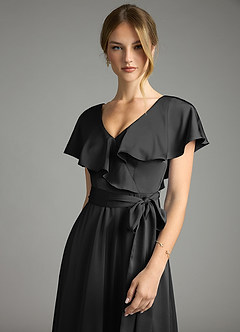 Azazie Lainey Bridesmaid Dresses Black A-Line with Pockets Stretch Satin Dress image6
