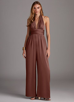 Azazie Oli Bridesmaid Dresses Espresso Pleated Stretch Satin Jumpsuit image3