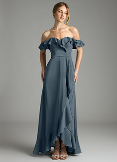 Azazie Lyra Robes de demoiselle d'honneur Robe Trapèze Convertible en Satin extensible Épaules dénudées Violet Crépusculaire image1