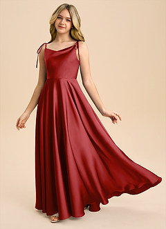 Azazie Popsy Junior Pomegranate A-Line Bow Stretch Satin Dress image1