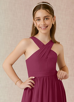 Azazie Jiya Junior Abito A-Line in Chiffon Plissettato Gelso image4