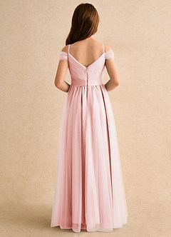 Azazie Yuna Girls Formal 플라워 걸 드레스 A라인 오프 더 숄더 얇실버 명주 그물 플로어 길이 드레스 image2