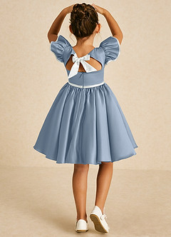 Azazie Sugar Plum Flower Girl Dresses Dusty Blue Ivory A-Line Bow Matte Satin Dress image1