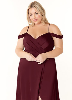 Azazie Ocean Bridesmaid Dresses Cabernet A-Line V-Neck Pleated Stretch Satin Dress image10