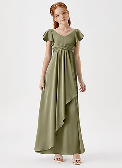 Azazie Omari Junior Pistachio A-Line Pleated Stretch Satin Dress image3