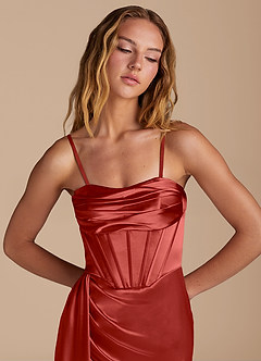 Azazie Amyra Bridesmaid Dresses Rust Mermaid Sweetheart Neckline Metallic Satin Convertible Dress image2