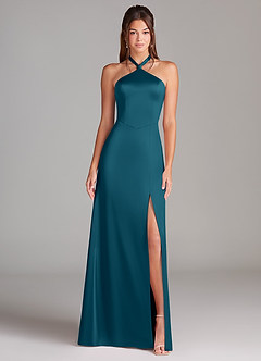 Azazie Elliana Bridesmaid Dresses Ink Blue A-Line Side Slit Stretch Satin Dress image5