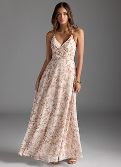 Azazie Davis Abiti da Damigella Abito A-Line in Chiffon con Scollo a V Pink Fern Floral image4