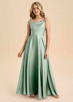 Azazie Popsy Junior Agave A-Line Bow Stretch Satin Dress image3