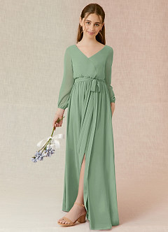Azazie Angelica Junior Abito A-Line in Chiffon Plissettato Matcha image5
