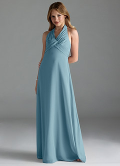 Azazie Tessie Junior A-Linie Plissee Chiffon Kleid Stimmungsvolles Blau image1
