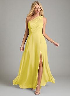 Azazie Phaedra Vestidos de damas de honor Vestido de Canario de Gasa de Corte en A con Hombro unilateral image4