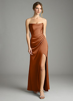 Azazie Leonis Bridesmaid Dresses Copper Mermaid Pleated Stretch Satin Convertible Dress image5