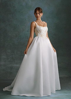 Azazie Belle Wedding Dresses Diamond White Champagne Ball-Gown Satin Dress image3