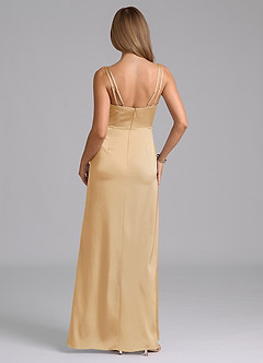 Azazie Leo Bridesmaid Dresses Gold Sheath Pleated Stretch Satin Dress image2