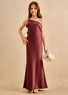 Azazie Almond Girls Formal Jurken voor bloemenmeisjes Kokerjurk Jurk van Stretch Satijn One-shoulder Terracotta image4