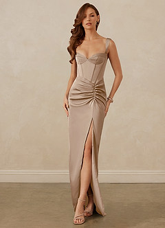 Christian Siriano Bridal for Azazie 1017 Robes de demoiselle d'honneur Robe Fourreau en Satin extensible Encolure en Forme de Cœur Taupe image1