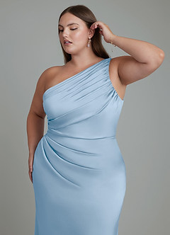 Azazie Akilah Bridesmaid Dresses Powder Blue Mermaid One Shoulder Stretch Satin Dress image13
