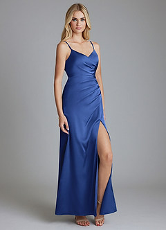 Azazie Azuree Vestidos de damas de honor Vestido de Azul Real de Satén Elástico de Corte en A con Plisado image3