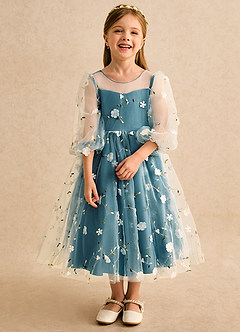 Azazie Elowen Robe Demoiselle D'honneur Fillette Robe Trapèze en Dentelle Encolure en Forme de Cœur Bleu Encre image5