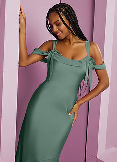 Barbie ♥ Azazie Final Sale Eucalyptus Sheath Pleated Stretch Satin Dress image7