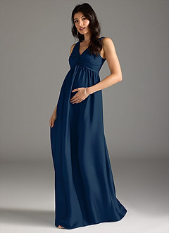 Azazie Yetta Maternity Bridesmaid Dresses A-Line Pleated Stretch Satin Floor-Length Dress image1