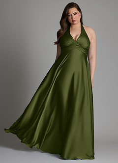 Azazie Tessie Bridesmaid Dresses Bright Olive A-Line Pleated Stretch Satin Dress image7