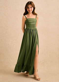 Azazie Maisie Girls Formal Blumenmädchenkleider A-Linie Gestreift Stretch-Satin Kleid Olivgrün image3
