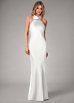 Azazie Velli Brautjungfernkleider Meerjungfrau-Linie Hoher Kragen Stretch-Satin Kleid Weiß image4
